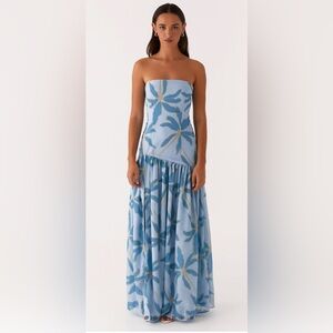 Strapless Blue Floral Maxi Dress